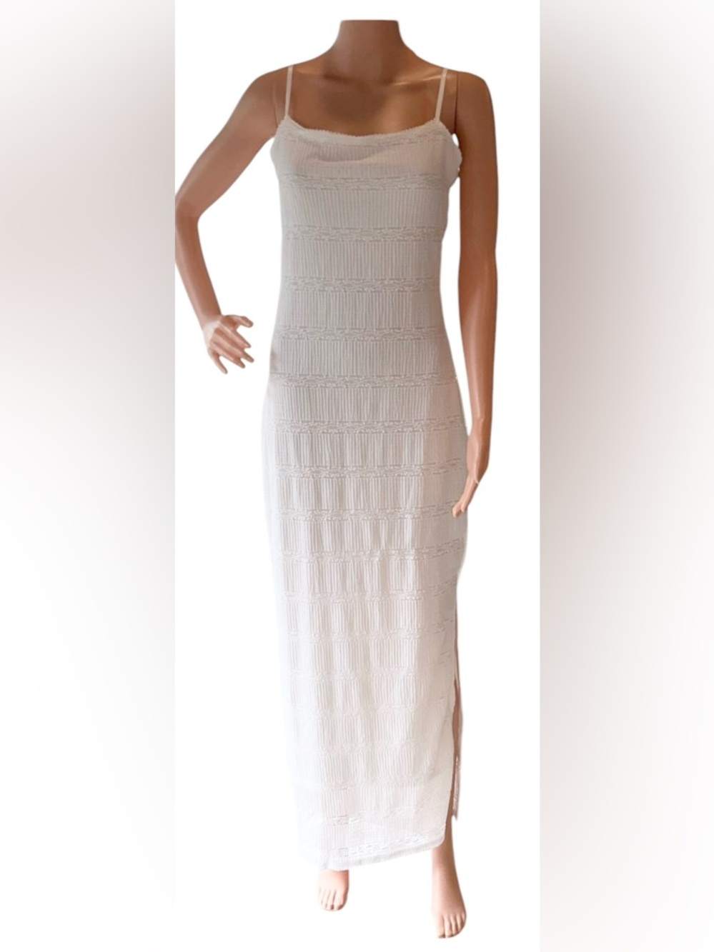 Magnolia Boutique Sleeveless Dress White Crochet Knit Spaghetti Strap Maxi Sz L - Picture 6 of 9